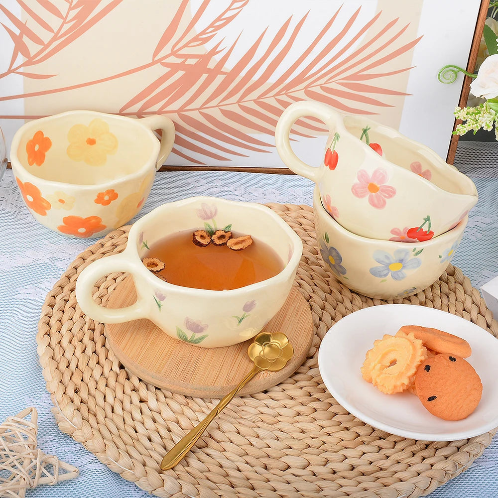 Ceramic Mugs Coffee Cups Hand Pinched Irregular Flower Milk Tea Cup Ins Korean Style Oatmeal Breakfast Mug Drinkware Kitchen