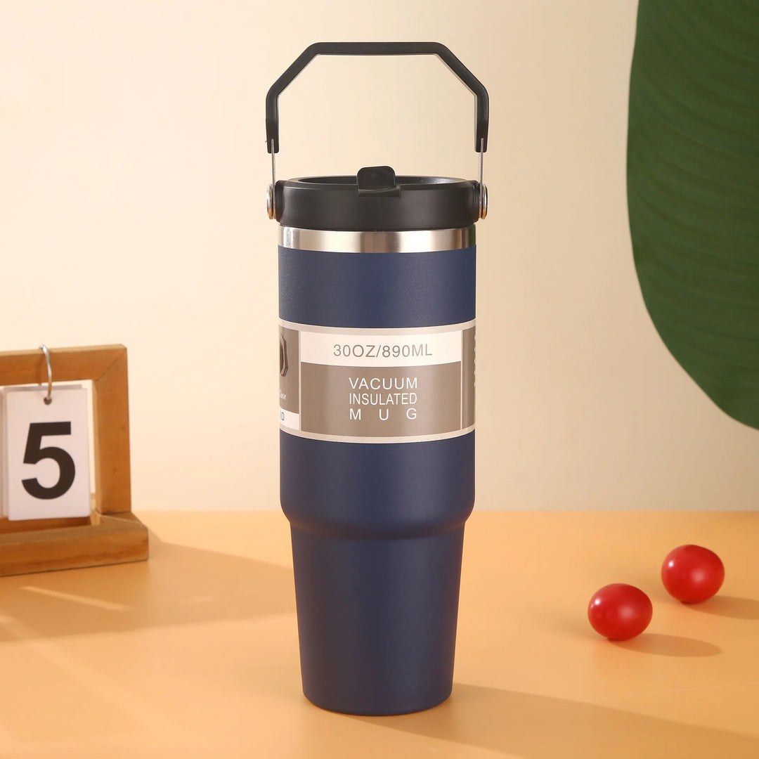 30oz Large Capacity Portable Car Cup Stainless Steel Thermos Cup with Straw & Handle Travel Sports Water Bottle Vacuum Flask