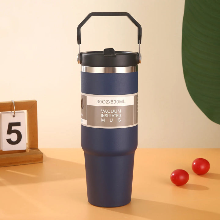 30oz Large Capacity Portable Car Cup Stainless Steel Thermos Cup with Straw & Handle Travel Sports Water Bottle Vacuum Flask