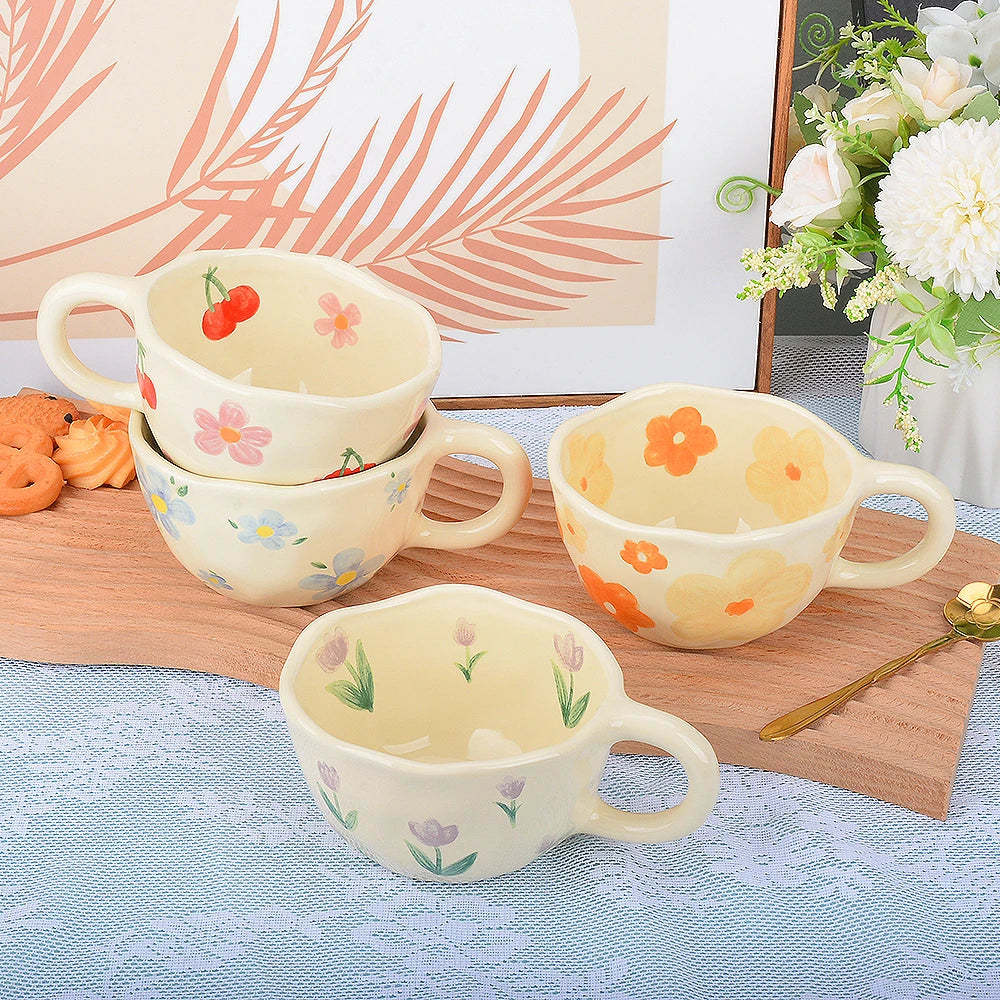 Ceramic Mugs Coffee Cups Hand Pinched Irregular Flower Milk Tea Cup Ins Korean Style Oatmeal Breakfast Mug Drinkware Kitchen