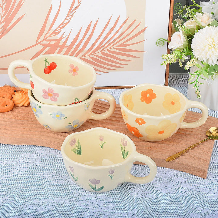 Ceramic Mugs Coffee Cups Hand Pinched Irregular Flower Milk Tea Cup Ins Korean Style Oatmeal Breakfast Mug Drinkware Kitchen