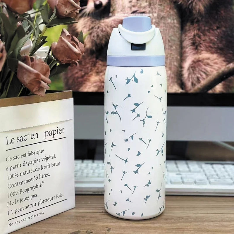 32oz Stainless Steel Thermos Water Bottle Cute Travel Vacuum Flasks  Thermal Cup With Straw Sports Gym Water Bottle For Woman