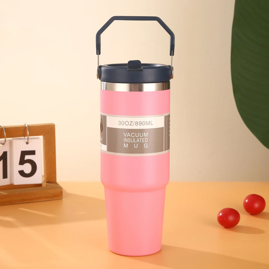 30oz Large Capacity Portable Car Cup Stainless Steel Thermos Cup with Straw & Handle Travel Sports Water Bottle Vacuum Flask