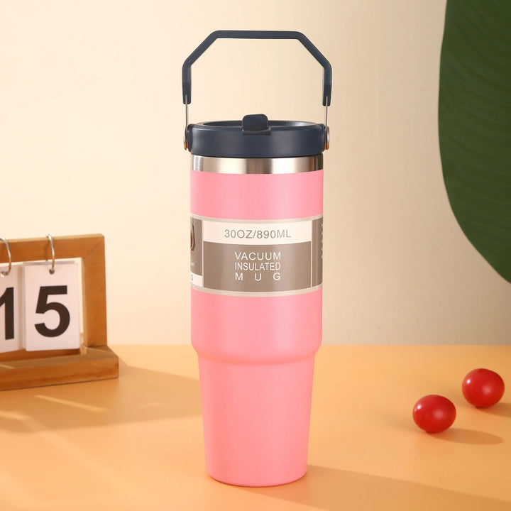 30oz Large Capacity Portable Car Cup Stainless Steel Thermos Cup with Straw & Handle Travel Sports Water Bottle Vacuum Flask