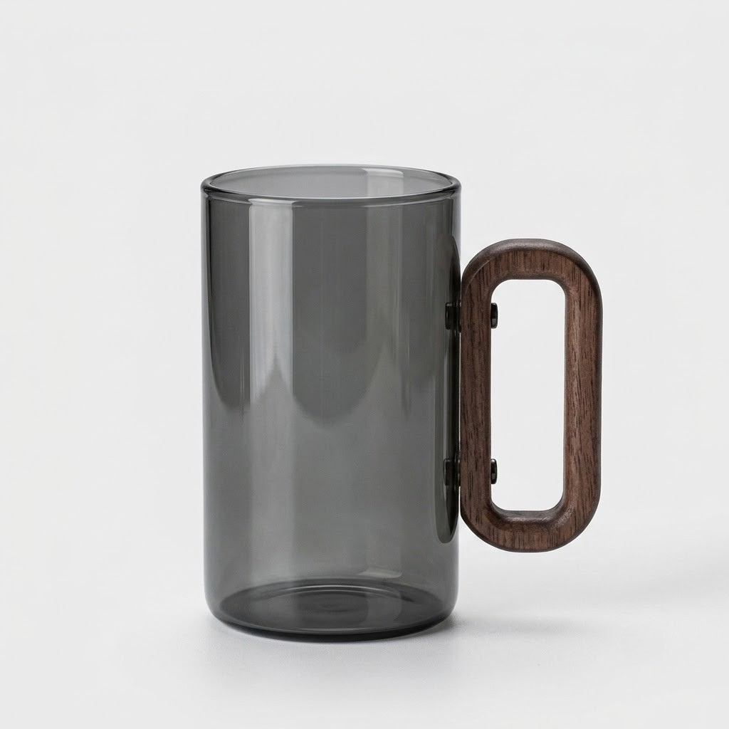 A translucent smoky gray glass mug with a thick, rounded dark brown wooden handle, shown on a clean light gray background.