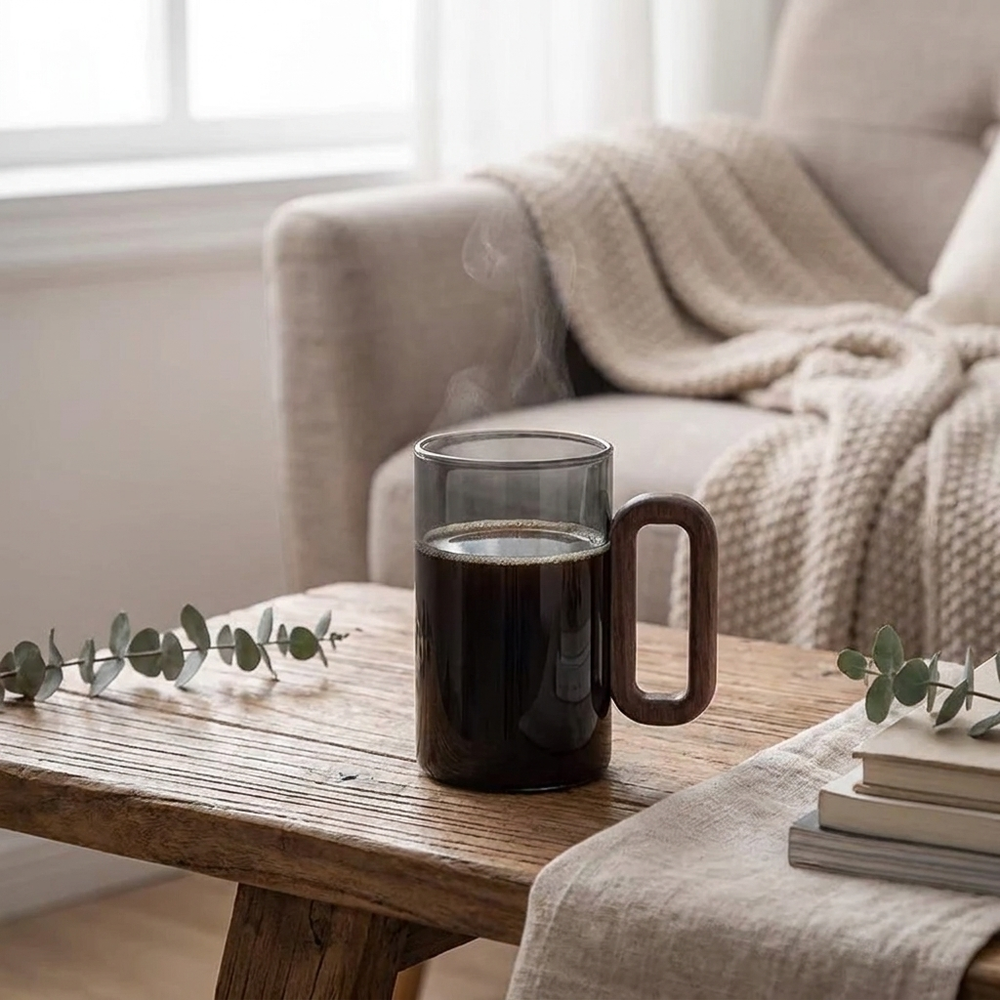 A dark gray glass mug with a wooden handle sits on a rustic wooden table in a cozy living room setting, with a knitted blanket draped over an armchair in the background.