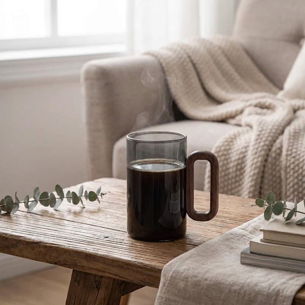 A dark gray glass mug with a wooden handle sits on a rustic wooden table in a cozy living room setting, with a knitted blanket draped over an armchair in the background.
