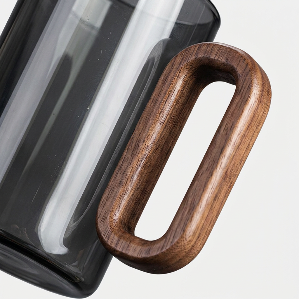 Close-up of a dark smoky glass container with a thick, rounded rectangular wooden handle showing a warm brown wood grain.