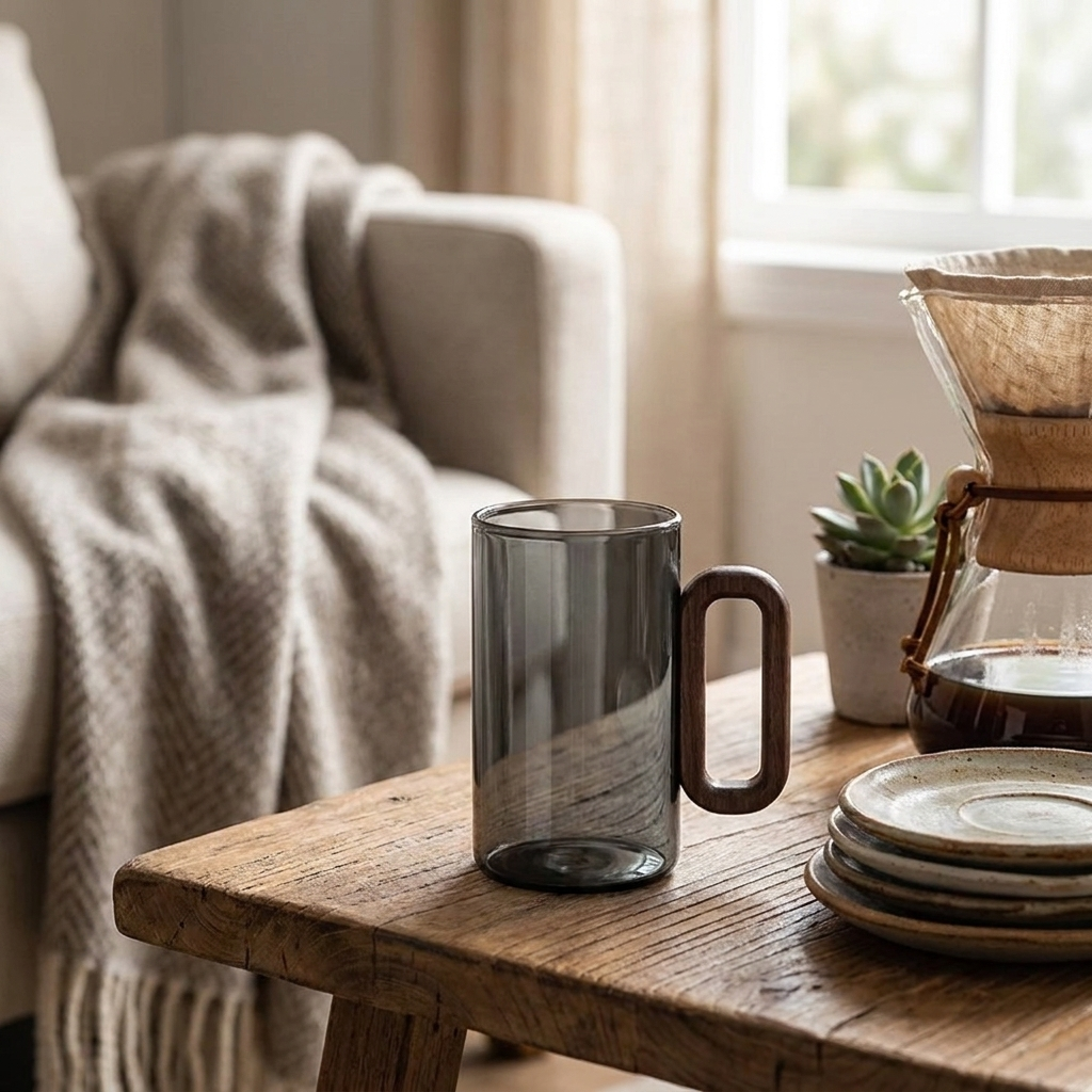 A dark gray translucent glass mug with a brown handle sits on a rustic wooden table in a cozy living room setting, with a coffee maker, plates, and a throw blanket in the background.