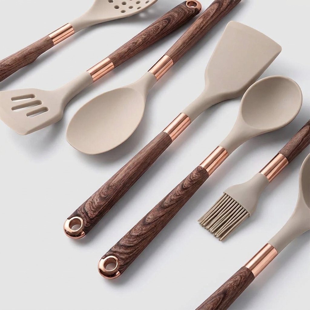 A set of silicone kitchen utensils with beige heads and dark brown wood-grain handles accented by rose gold metal collars, arranged diagonally on a light gray background.