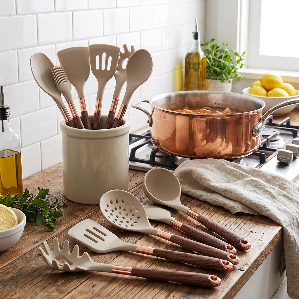 A set of silicone kitchen utensils with dark brown and rose gold handles, displayed on a rustic wooden countertop in a bright, modern kitchen next to a copper pot on the stove.