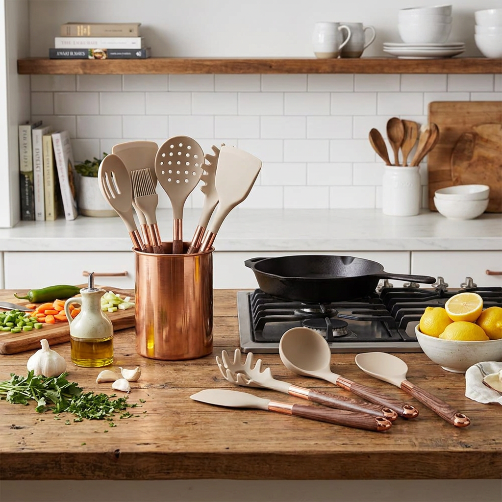 A set of beige silicone kitchen utensils with rose gold metal handles and ferrules, displayed in a copper-colored utensil holder on a rustic wooden kitchen counter.