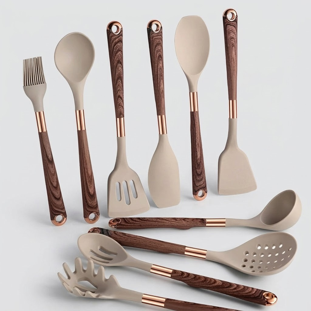 A 10-piece kitchen utensil set with beige silicone heads and dark brown wood-grain handles accented with rose gold metal collars, arranged on a light gray background.
