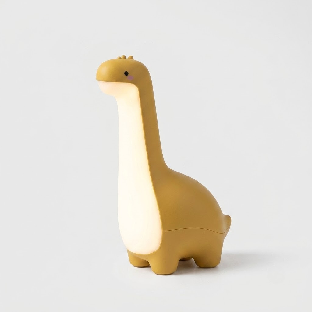 A dinosaur-shaped night light with a long neck and glowing warm white body, shown on a clean light gray background.