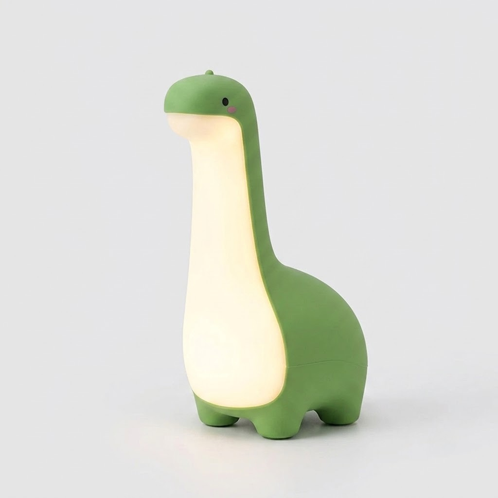 A dinosaur-shaped night light in green and cream, shown illuminated against a light gray background.