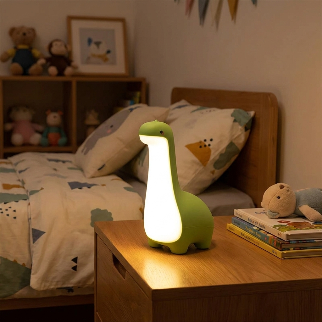 A green dinosaur-shaped night light glowing with warm white light on a wooden bedside table in a child's bedroom.