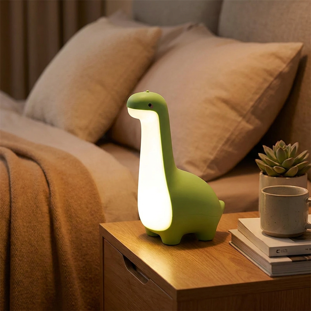 A green dinosaur-shaped night light glowing with warm white light, placed on a wooden bedside table next to a mug, books, and a small succulent in a cozy bedroom setting.