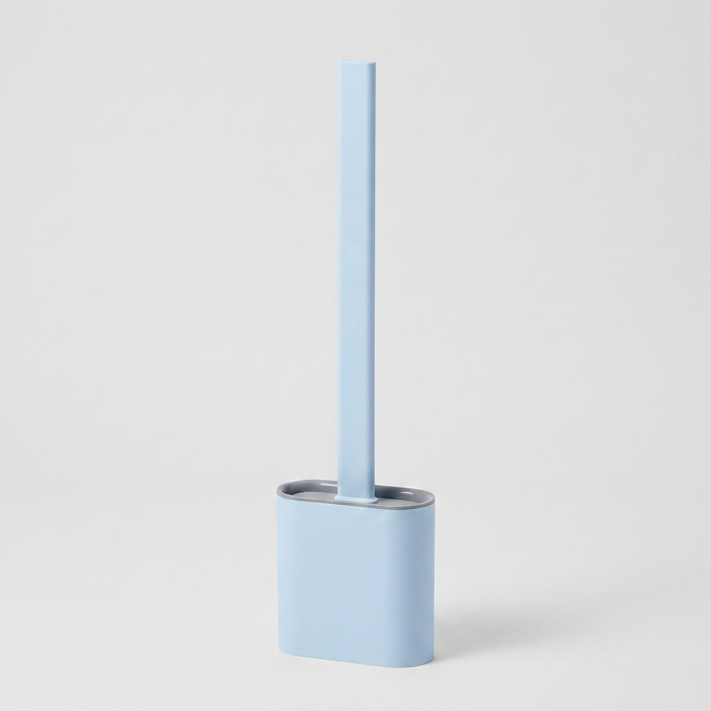 A light blue toilet brush with a matching handle and a rectangular base, shown on a clean light gray studio background.