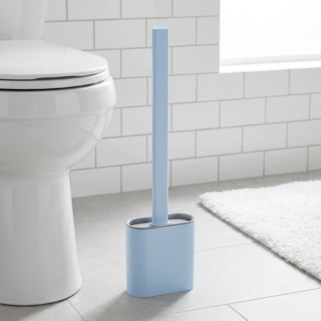 A light blue toilet brush with a matching handle standing in a white holder on a tiled bathroom floor next to a toilet and a white bath mat.