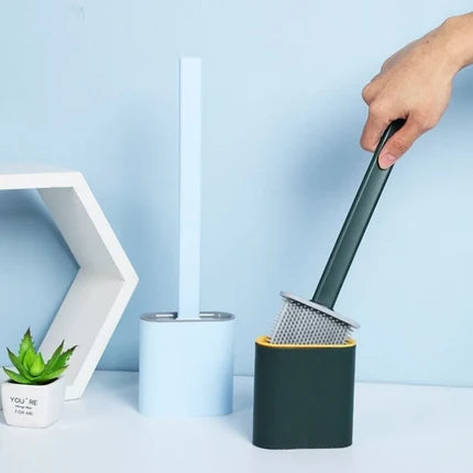 Person using a cleaning tool with a holder on a light blue background