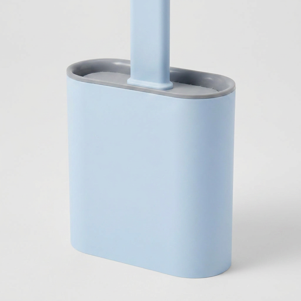 A light blue toilet brush holder with a matching light blue handle and a gray rim, shown on a clean white background.