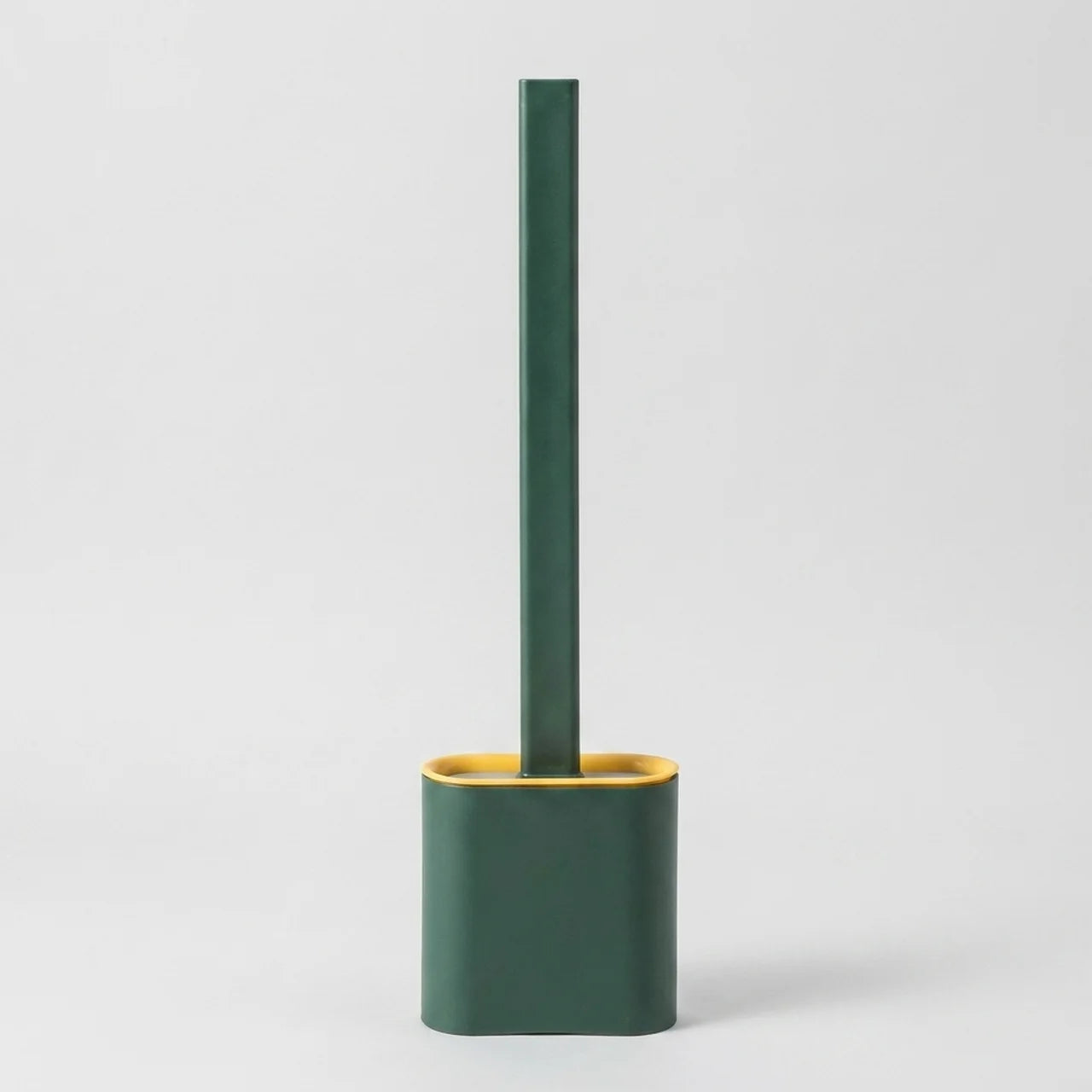 A modern toilet brush with a dark green handle and base, featuring a contrasting yellow interior on the base, set against a plain light gray background.