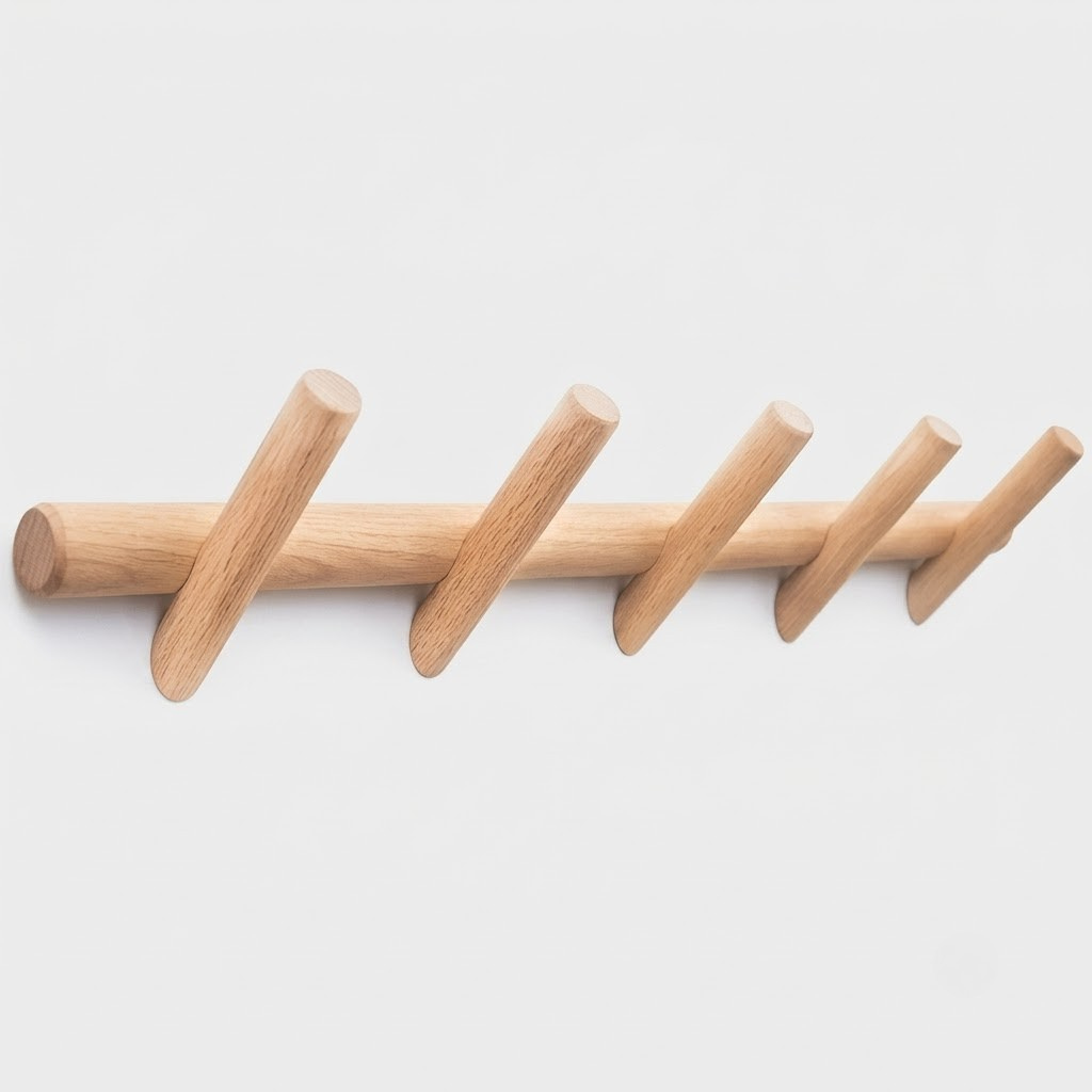 A light natural wood wall-mounted coat rack with five angled pegs, shown against a plain light gray background.