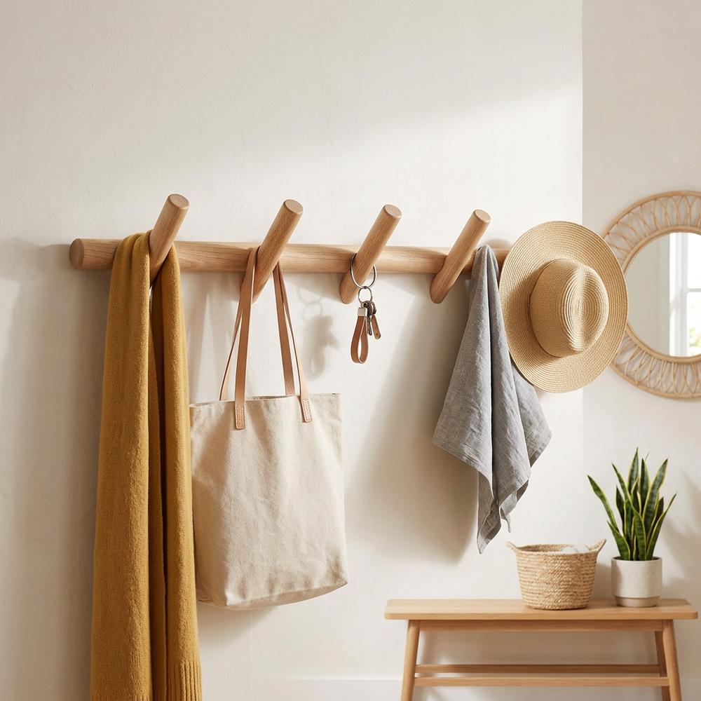 A light natural wood wall-mounted coat rack with five pegs, styled in a bright, minimalist entryway. A mustard yellow scarf hangs on the left, a beige canvas tote bag is in the center, and a gray cloth and a straw sun hat hang on the right.