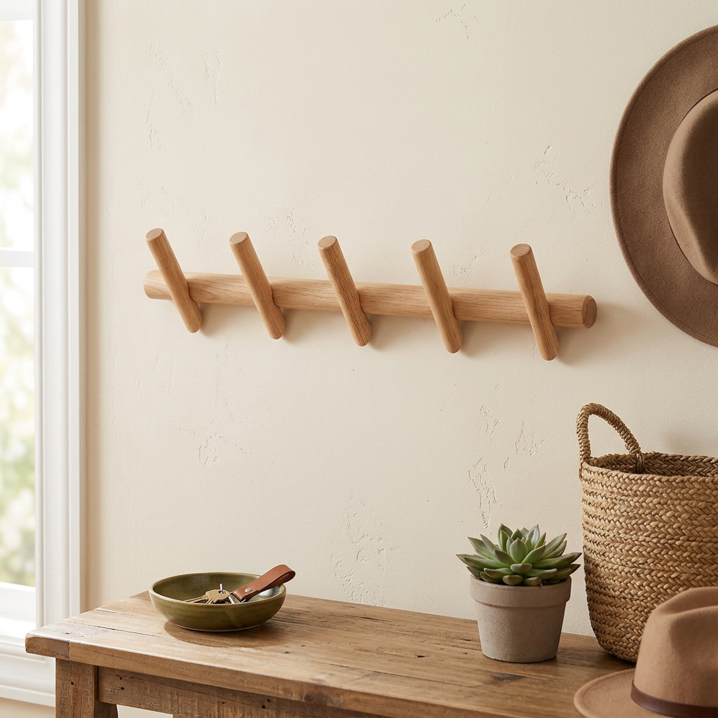 A light natural wood peg rack mounted on a cream wall above a wooden console table, styled with a green bowl, a small potted succulent, a woven basket, and hats.