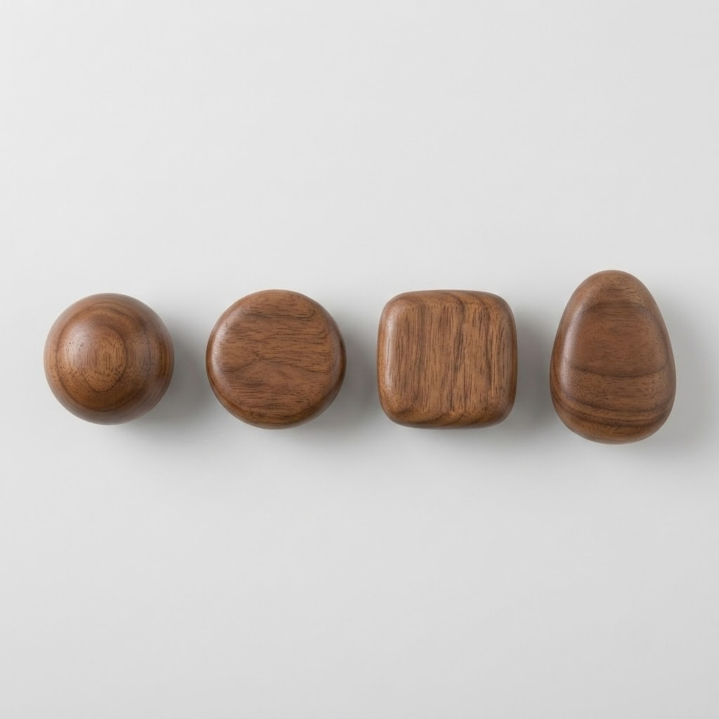 Four wooden cabinet knobs in different shapes—sphere, oval, rounded square, and teardrop—arranged in a row on a light gray background.