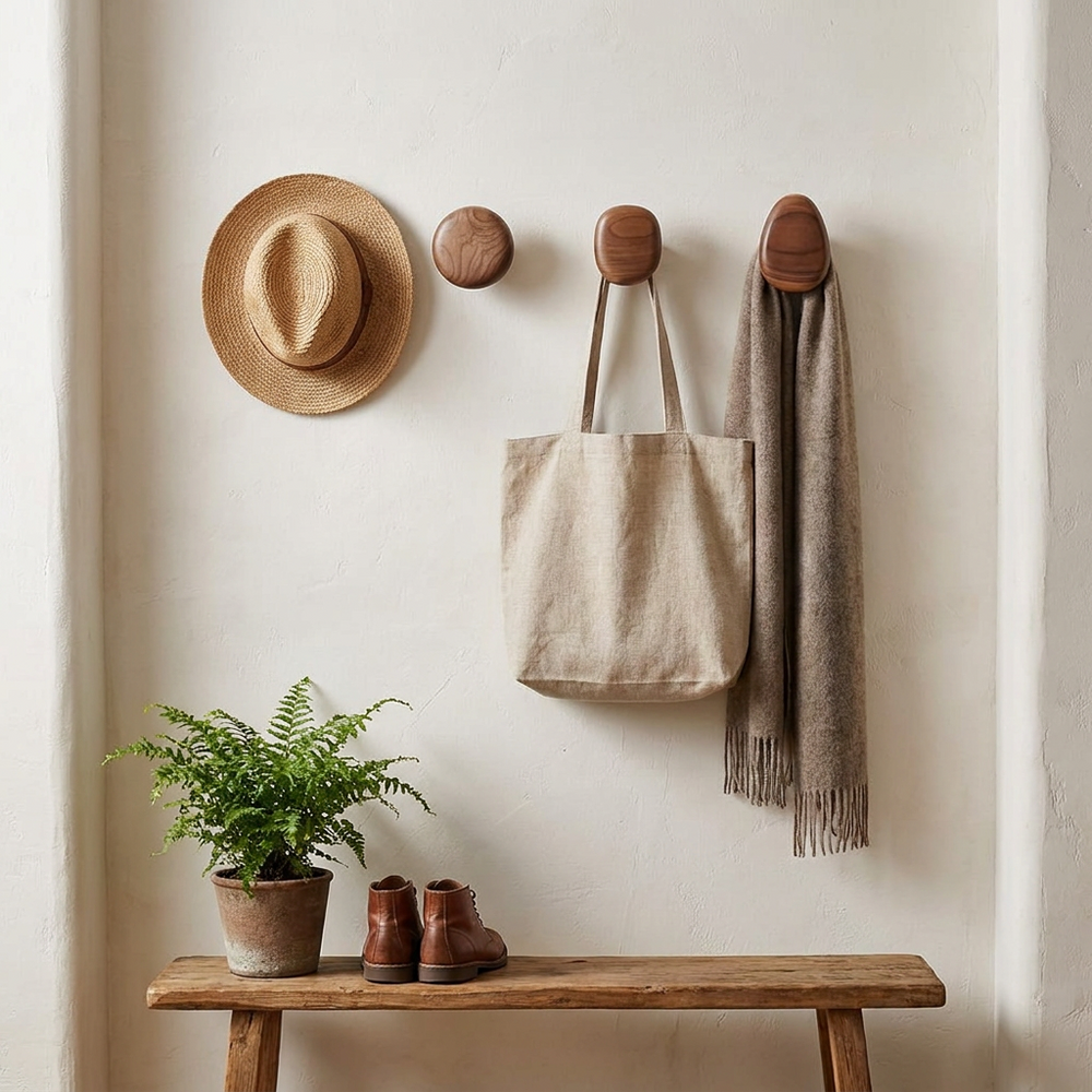 A styled interior scene showing a wall-mounted set of wooden pegs holding a straw hat, a canvas tote bag, and a taupe scarf, with a wooden bench below holding a potted fern and brown boots.