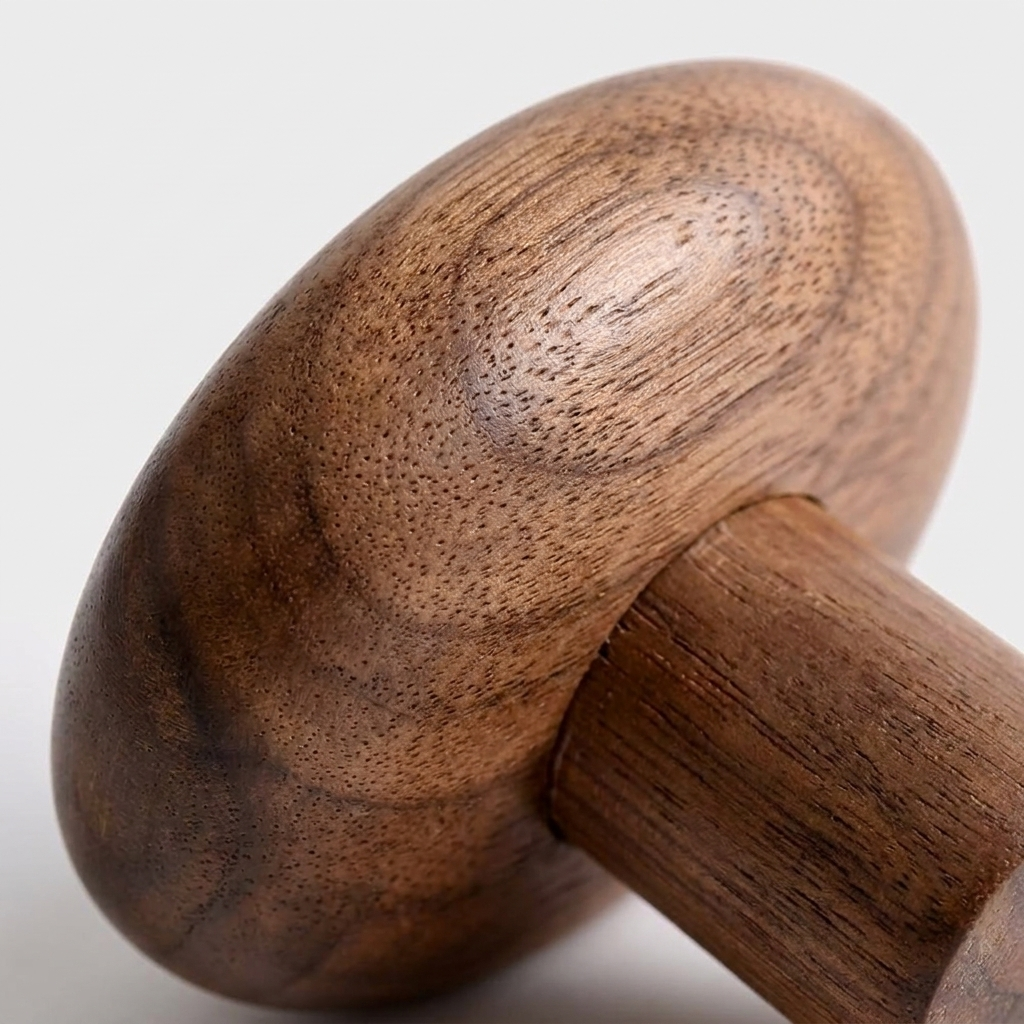 Close-up of a wooden massage tool with a rounded, bulbous head and cylindrical handle, showing the rich brown wood grain against a clean white background.