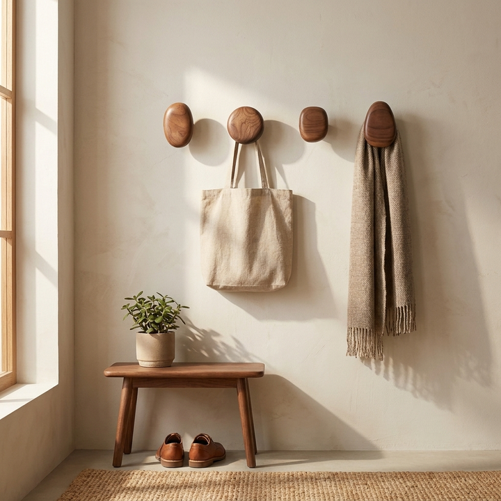 Four round wooden pegs on a cream wall in a sunlit entryway, with a beige tote bag hanging from the center peg and a textured taupe throw draped over the right peg. A small wooden bench, potted plant, and shoes sit below.