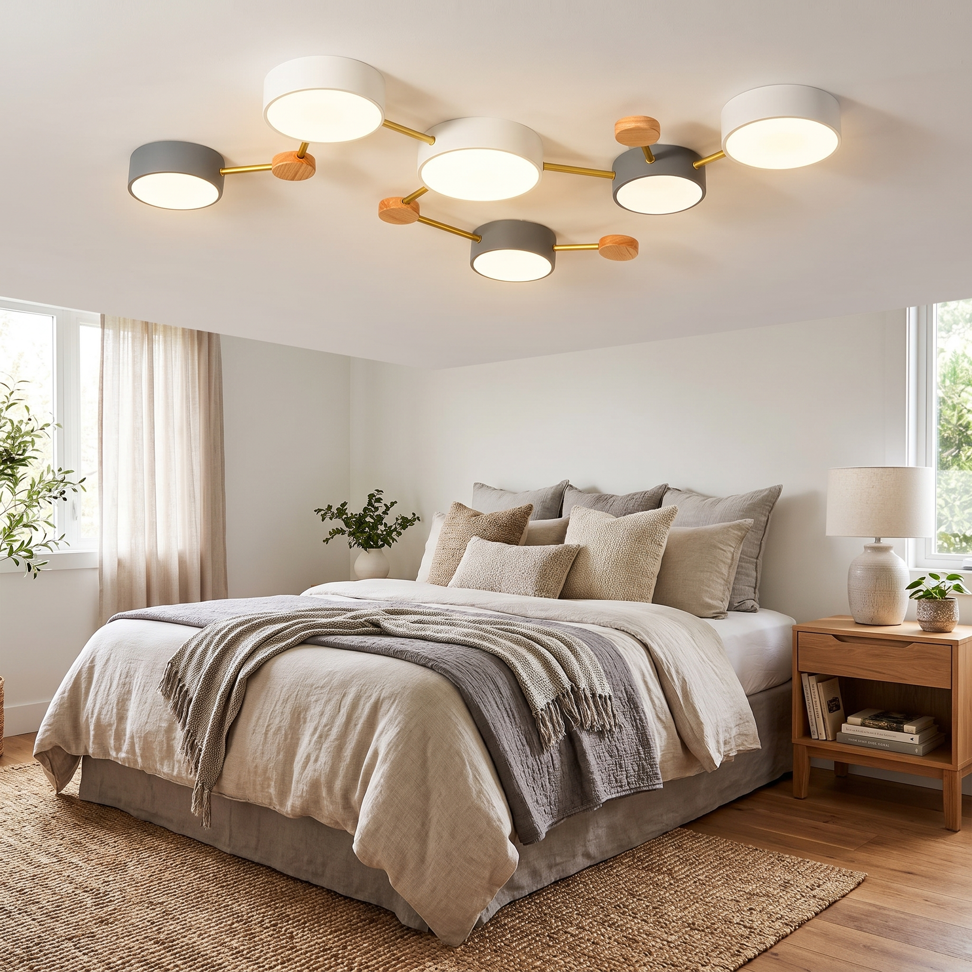 Solid Wood and Iron Multi-Light LED Flush Mount Ceiling Fixture 4