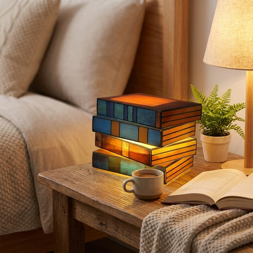 A decorative lamp shaped like a stack of books with stained-glass-style panels, glowing with warm light on a wooden bedside table. The scene includes a bed, lamp, plant, mug, and open book in a cozy bedroom setting.