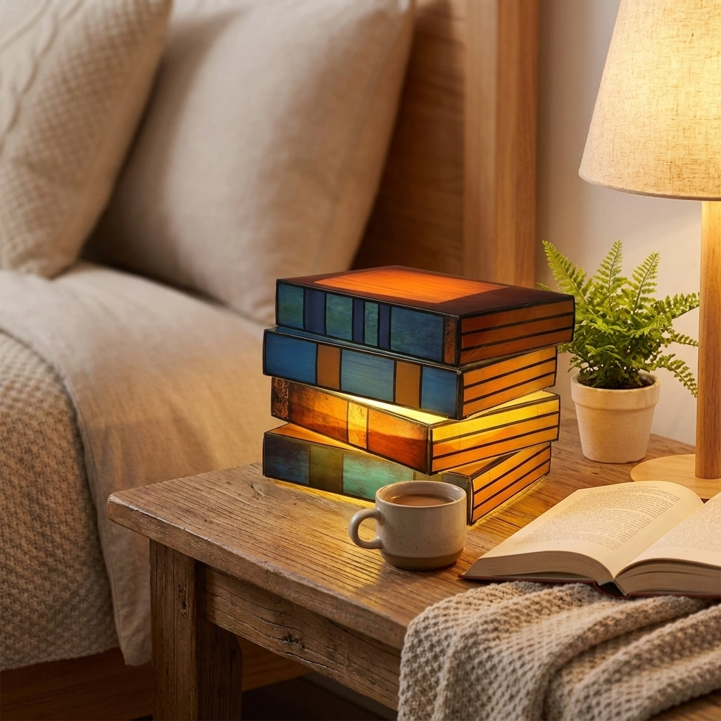 A decorative lamp shaped like a stack of books with stained-glass-style panels, glowing with warm light on a wooden bedside table. The scene includes a bed, lamp, plant, mug, and open book in a cozy bedroom setting.