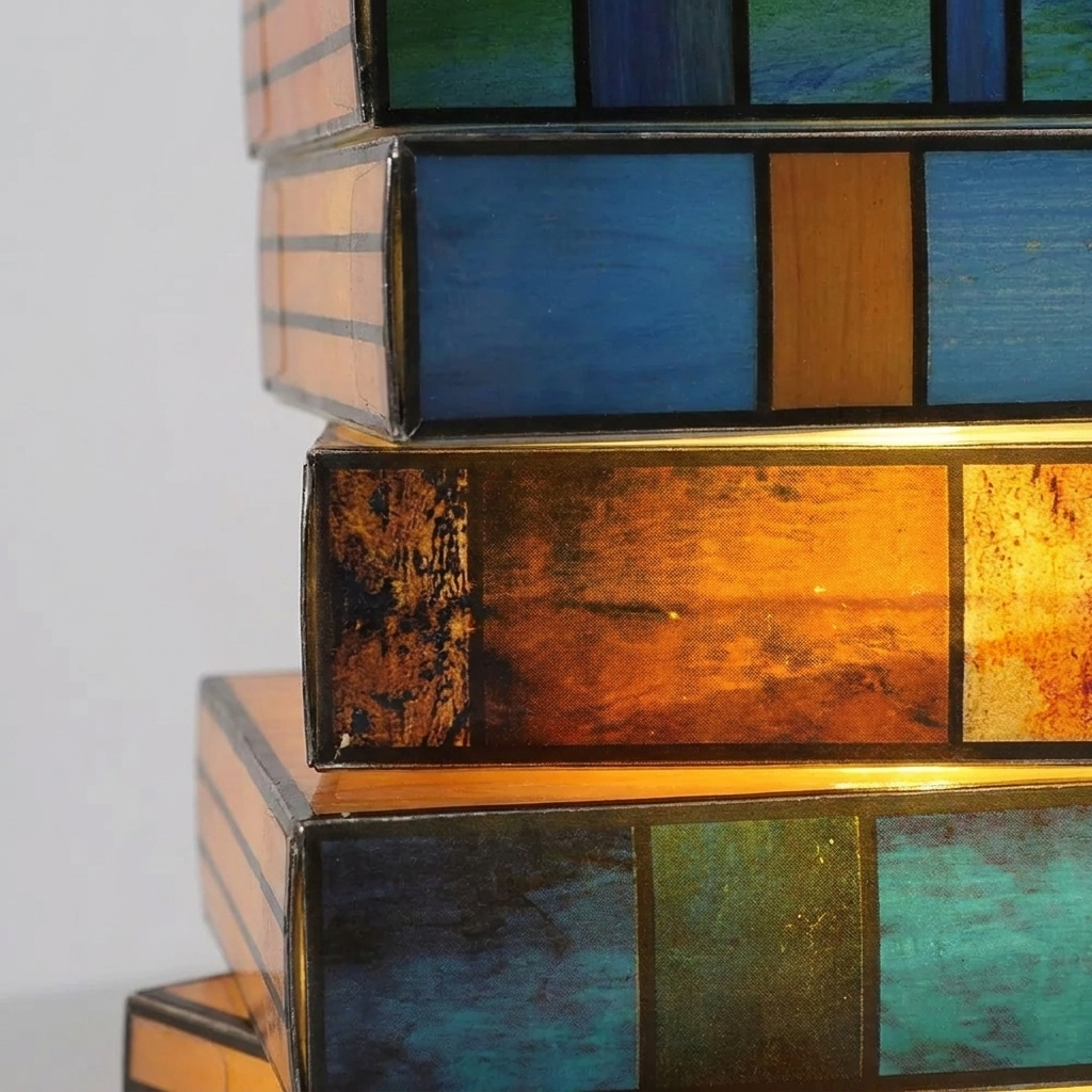 Close-up of a decorative stacked box or bookcase with rectangular panels in blue, teal, orange, brown, and black, photographed against a plain light background.