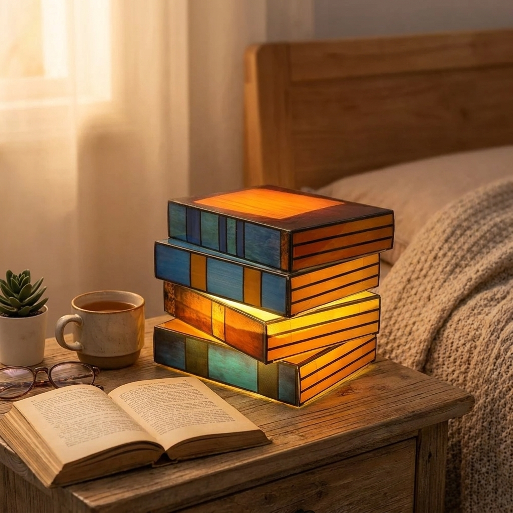 A decorative stack of book-shaped lamps glowing with warm light on a wooden bedside table, with an open book, mug, and eyeglasses nearby in a softly lit bedroom setting.