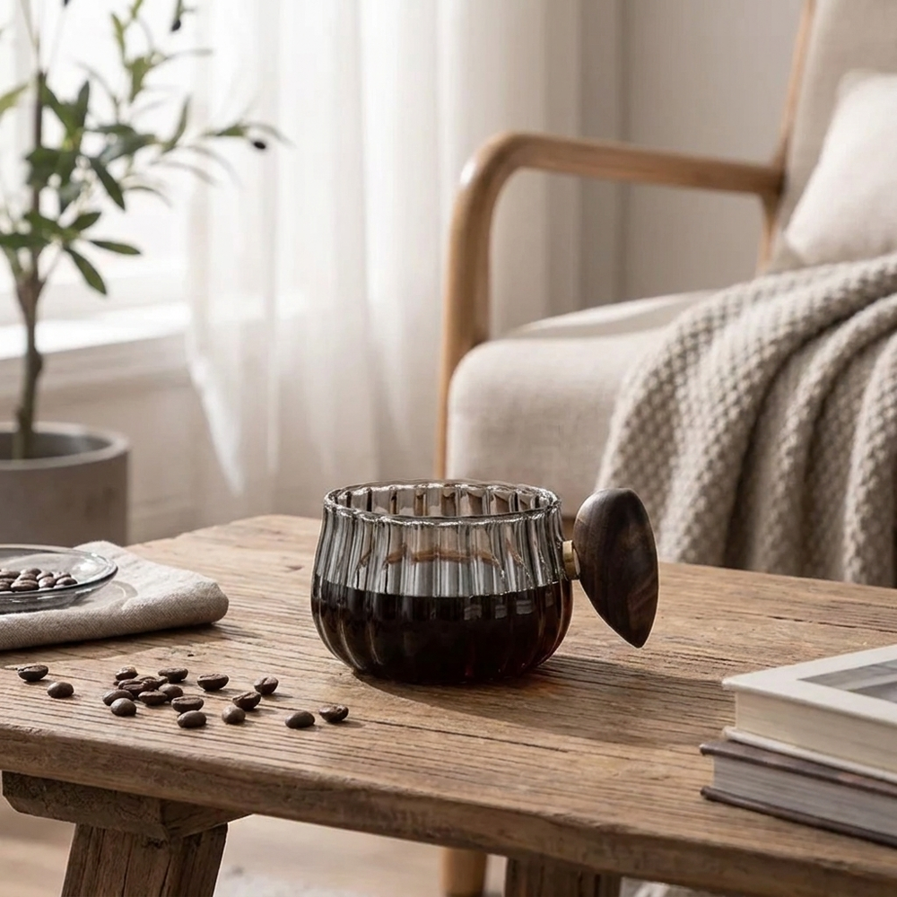 A ribbed clear glass coffee cup filled with dark coffee, featuring a dark wooden spoon handle, set on a rustic wooden table in a cozy living room scene.