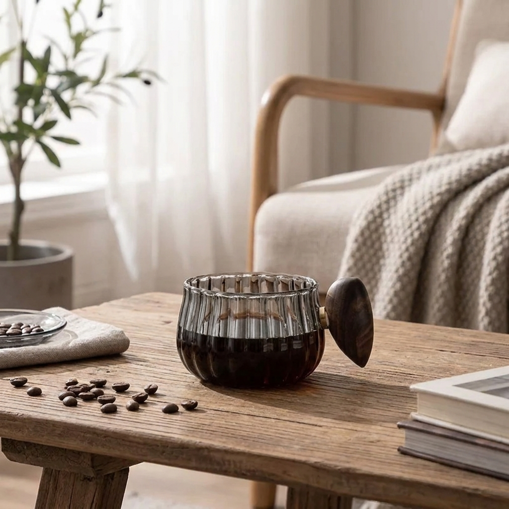 A ribbed clear glass coffee cup filled with dark coffee, featuring a dark wooden spoon handle, set on a rustic wooden table in a cozy living room scene.