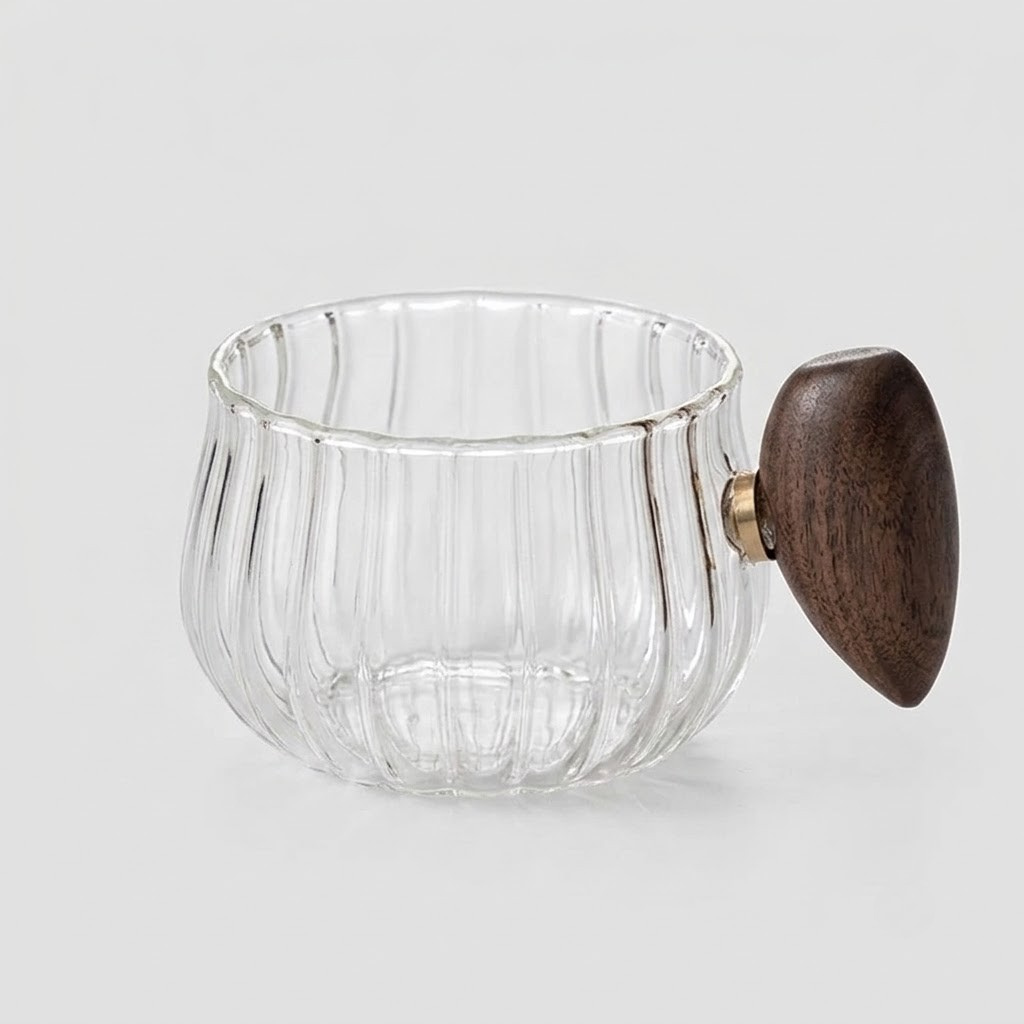 A clear ribbed glass cup with a dark brown wooden handle and a small brass accent, shown on a light gray background.