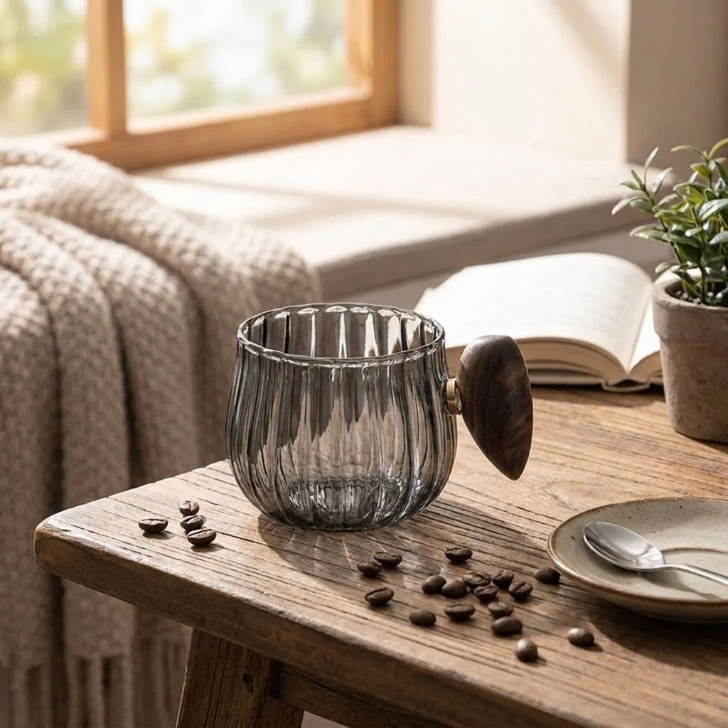 A ribbed clear glass mug with a dark wooden spoon-shaped handle sits on a rustic wooden table in a cozy indoor setting. Coffee beans are scattered around it, with an open book, a small potted plant, and a blanket visible in the softly lit background.