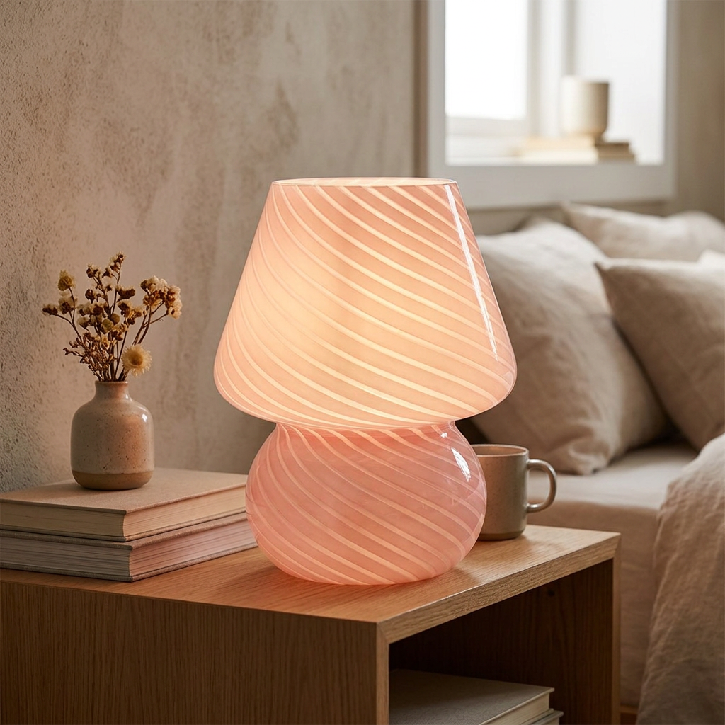 A pink glass table lamp with a ribbed shade and bulbous base, glowing warm light, styled on a wooden side table in a cozy living room setting.