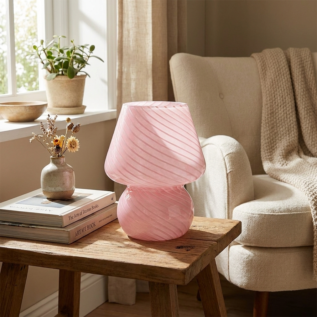 A pink ribbed glass table lamp sits on a wooden side table in a cozy living room setting next to a beige armchair and a small vase of dried flowers.
