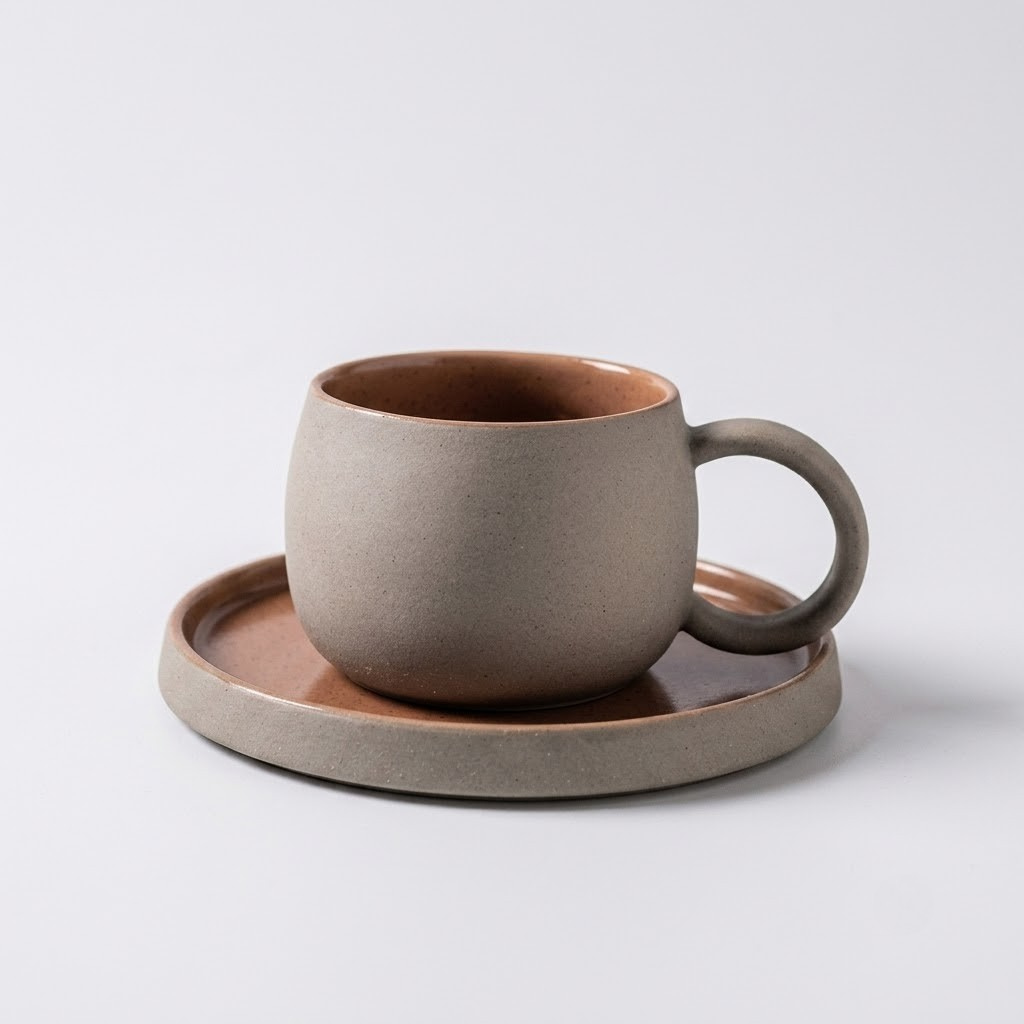 A matte ceramic coffee cup with a matching saucer, featuring a speckled taupe-gray exterior and a warm terracotta-brown interior, set against a clean light gray background.