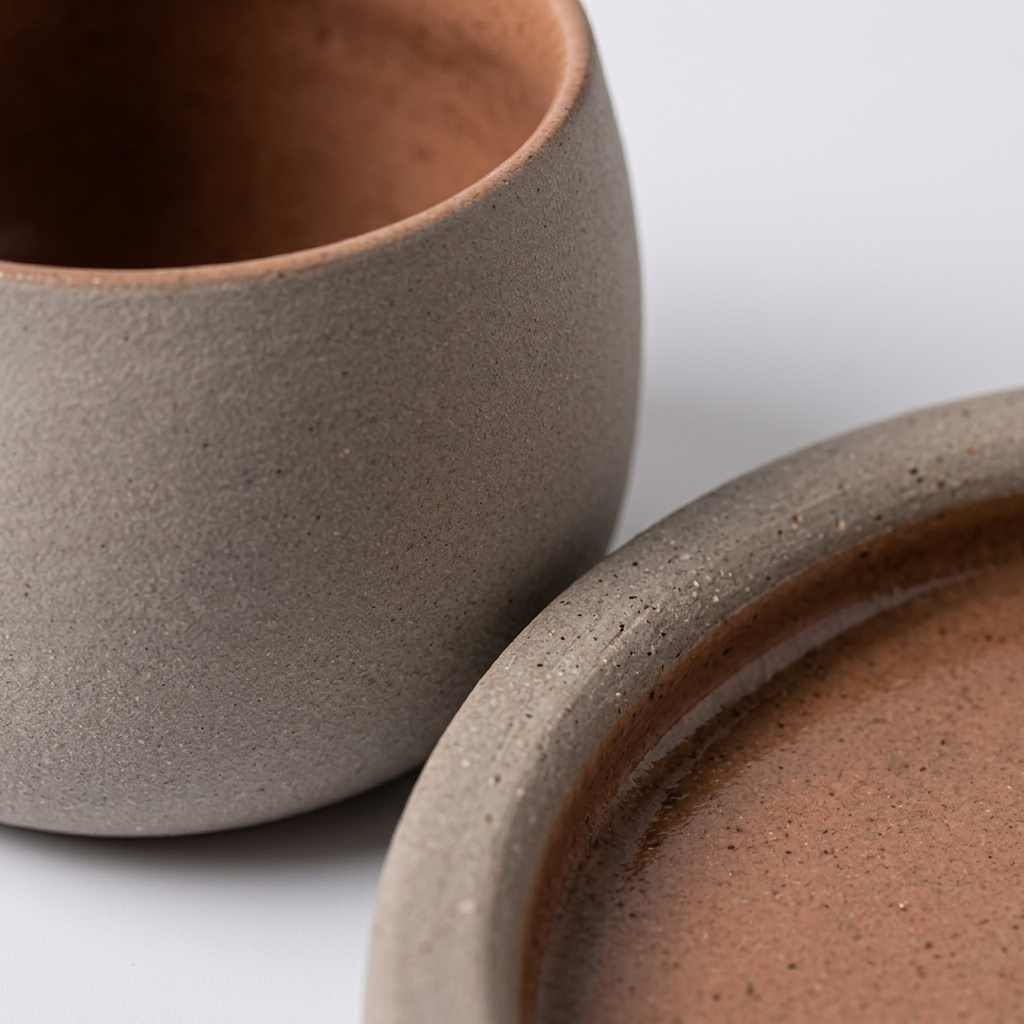 Close-up of a matte speckled ceramic cup or small vessel in warm gray, with a terracotta-brown interior, shown on a clean white background.