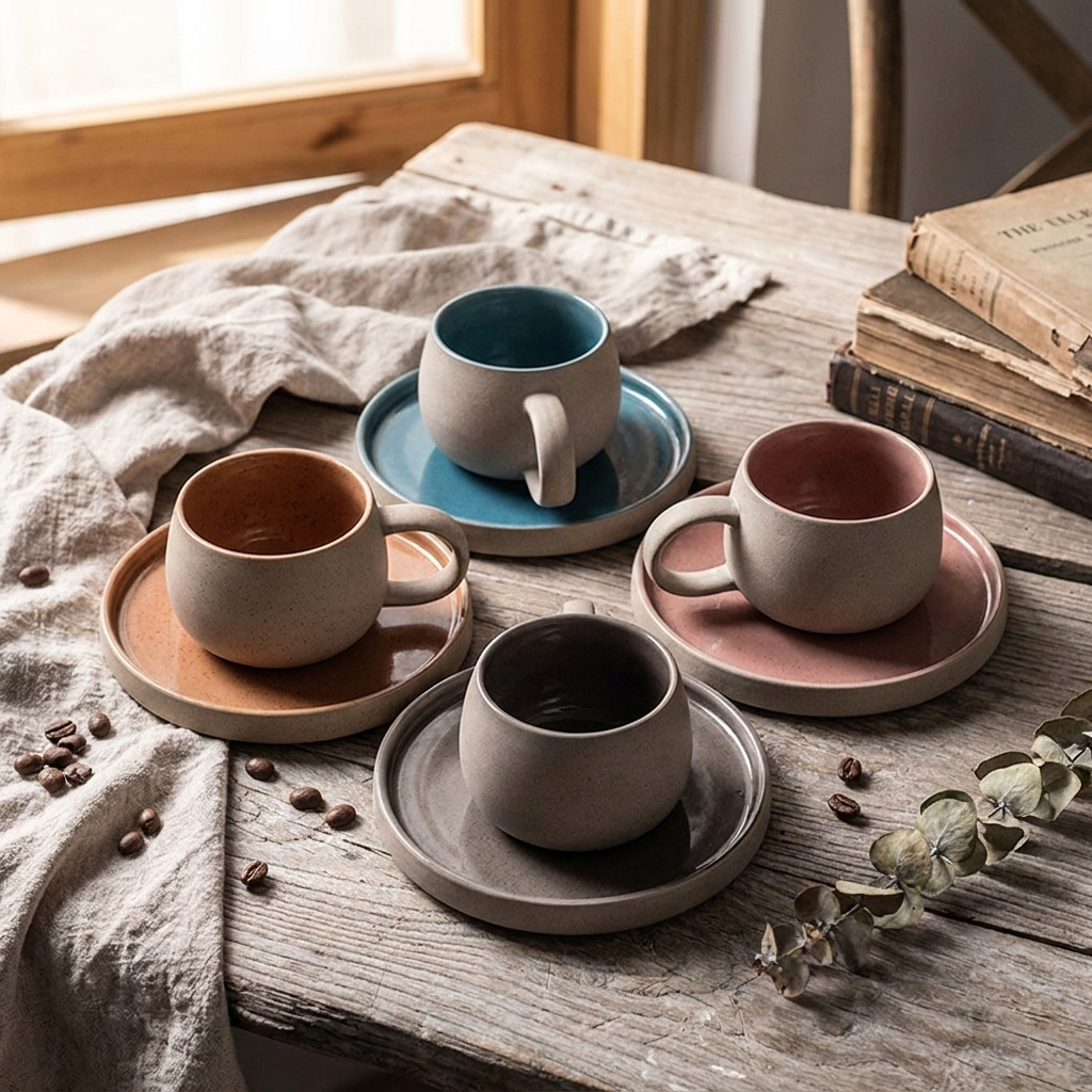 Four ceramic coffee mugs with matching saucers arranged on a rustic wooden table, styled with a linen cloth, scattered coffee beans, stacked books, and eucalyptus branches. The mugs have matte earthy tones including blue, pink, brown, gray, black, and beige.