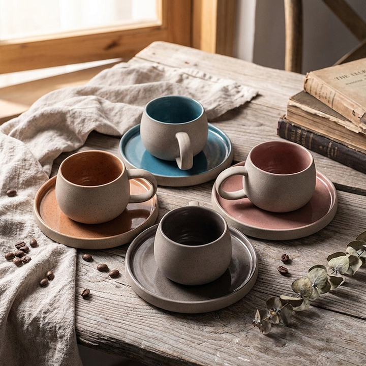 Four ceramic coffee mugs with matching saucers arranged on a rustic wooden table, styled with a linen cloth, scattered coffee beans, stacked books, and eucalyptus branches. The mugs have matte earthy tones including blue, pink, brown, gray, black, and beige.