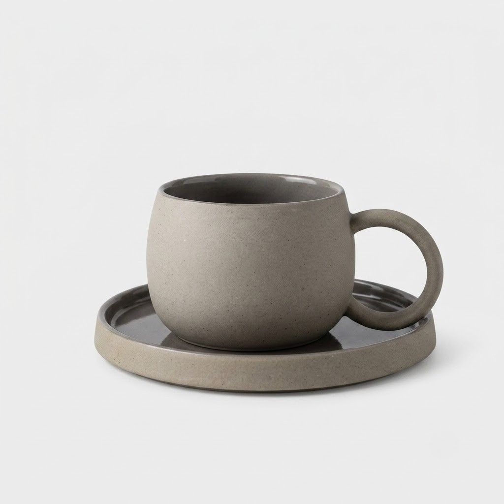 A minimalist ceramic coffee cup with a matching saucer, both in a matte taupe-gray finish, set against a clean white background.