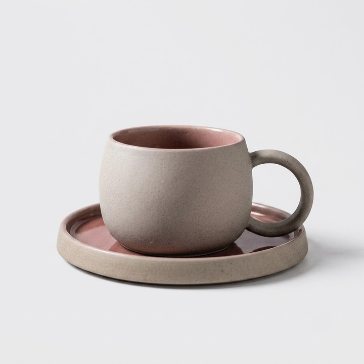 A minimalist ceramic cup with a matching saucer, featuring a matte taupe-gray exterior and a dusty rose pink interior, set against a clean light gray background.